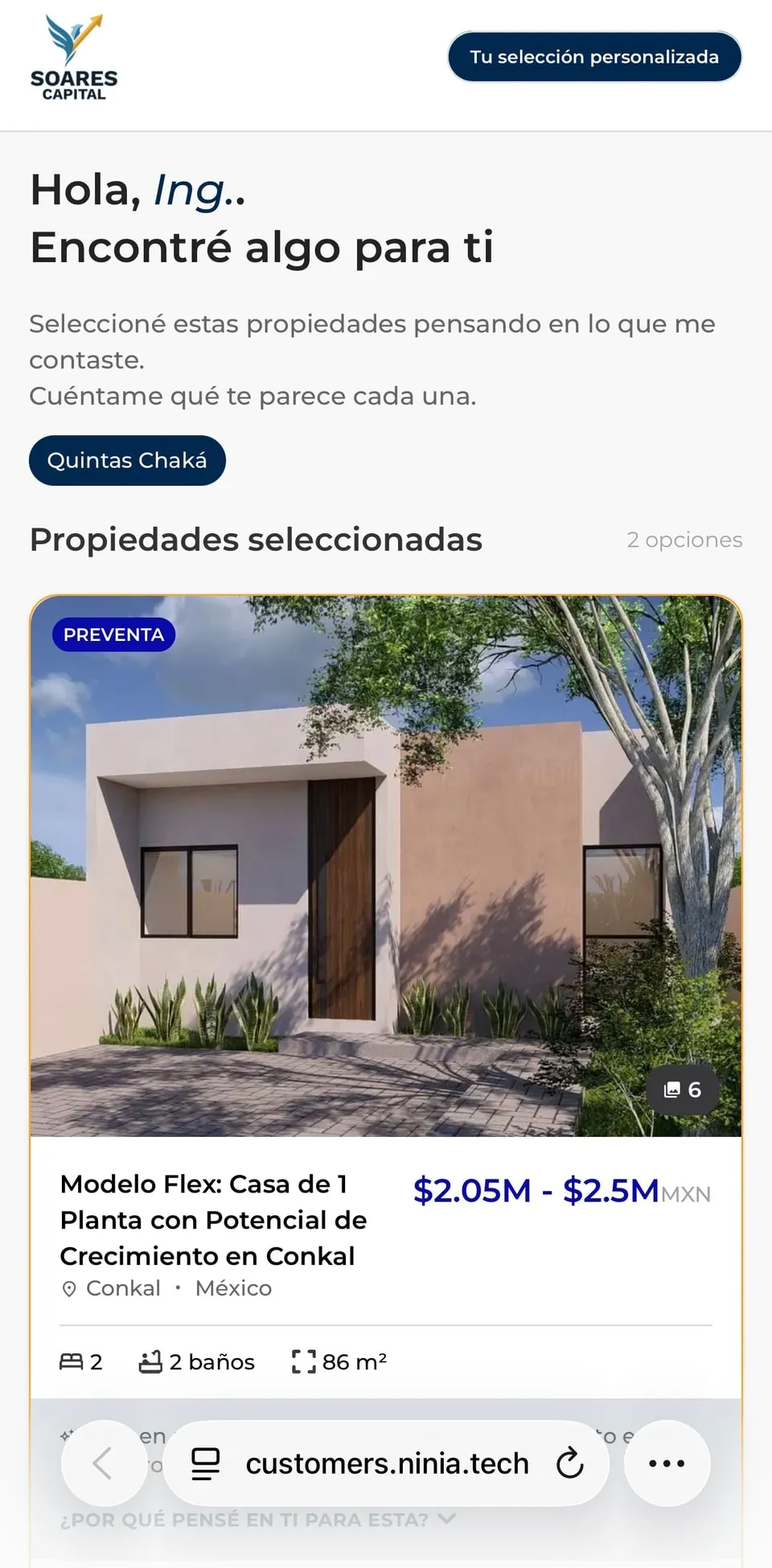 Link personal que Ninia arma para cada prospecto, con las propiedades elegidas para él